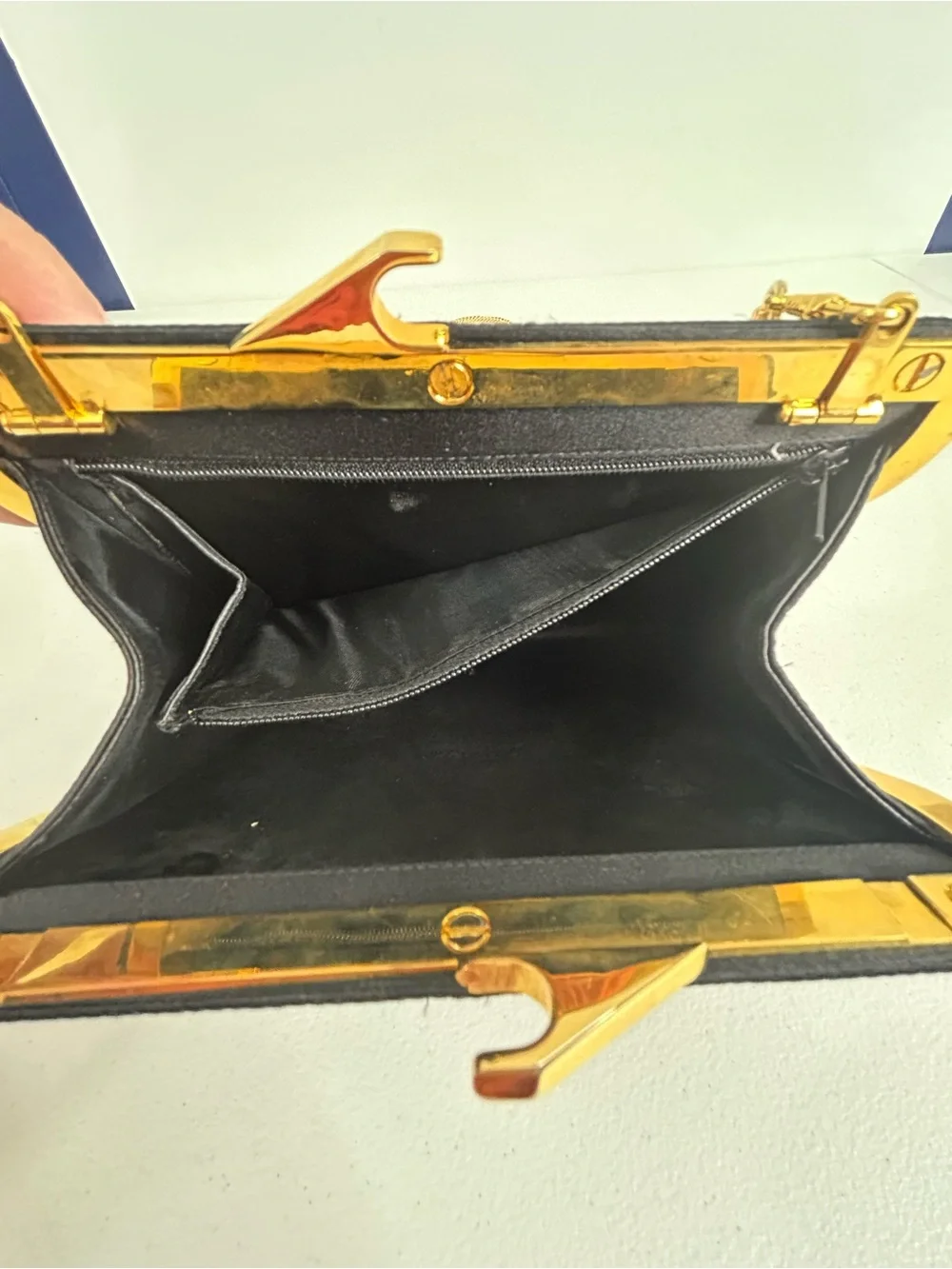 Bally Vintage Black Satin Evening Bag Gold Chain Kiss Lock Clutch Made in Italy